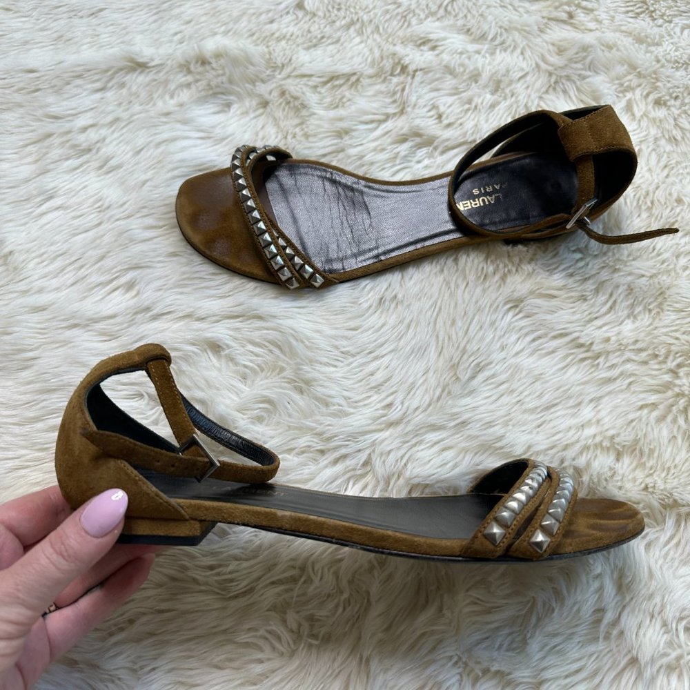 Saint Laurent Tan Studded Suede Ankle-Strap Flat Sandal Women's 38.5 - Picture 2 of 8